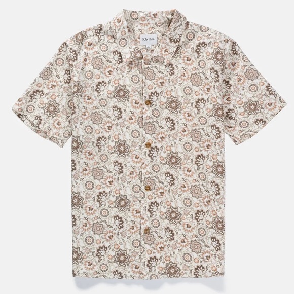 Rhythm Raya Paisley SS Linen Blend Button Shirt Natural Brown Size Large - Picture 3 of 5